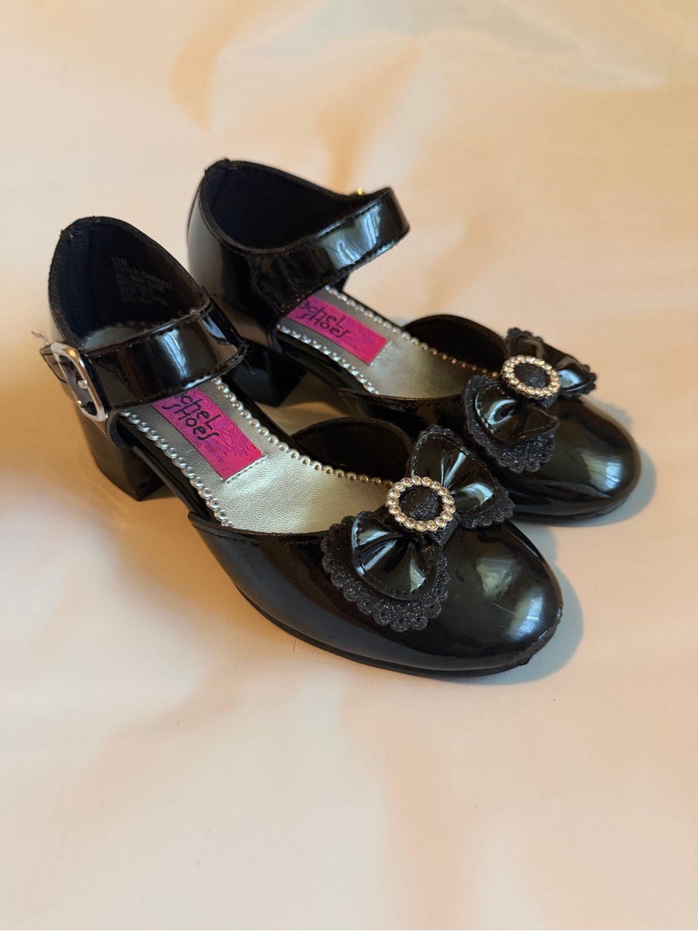 Girls' Rachel Shoes Black Patent Dress Shoes with Bow and Rhinestone